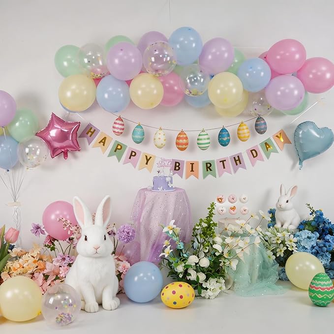 Pastel Rainbow Birthday Decorations,Easter Birthday Balloon Macaron Pink Blue Purple Green Yellow Colorful Confetti Balloons Banner Star Heart Foil Balloon for Baby Shower Easter Party