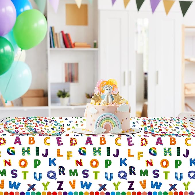41Pcs Colorful ABC Birthday Party Decorations Alphabet Colorful Party Supplies ABC Rainbow Dots Plates Napkins Tablecloth丨Kids Birthday Educations Party Classroom First Day School Party,Serv 20