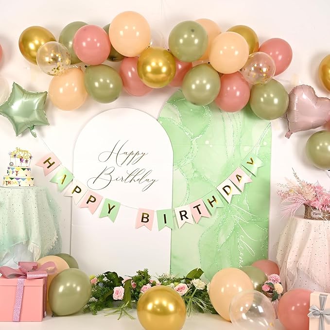Pink and Green Birthday Decorations,Sage Green Retro Pink Balloons Decor Happy Birthday Banner Star Heart Foil Balloon Cake Topper Party Supplies for Women Girl Boys Baby Shower