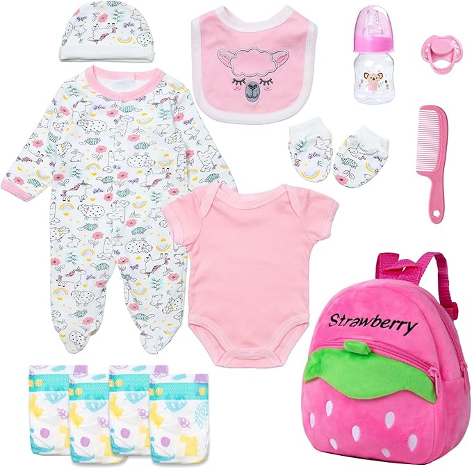 13 Pcs Set Reborn Baby Dolls Clothes Girl Outfit Accessories Pink Sheep Print for 17-22 Inch Reborn Dolls Newborn Girl with Pink Strawberry Backpack Diaper