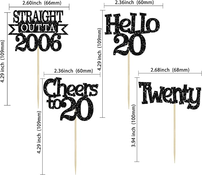 Ephlyn 24Pcs Happy 20th Birthday Cupcake Toppers Glitter Straight Outta 2006 Cupcake Picks Hello 20 Cheers to 20 Years Cake Decorations for 20th Birthday Anniversary Party Decorations Supplies Black