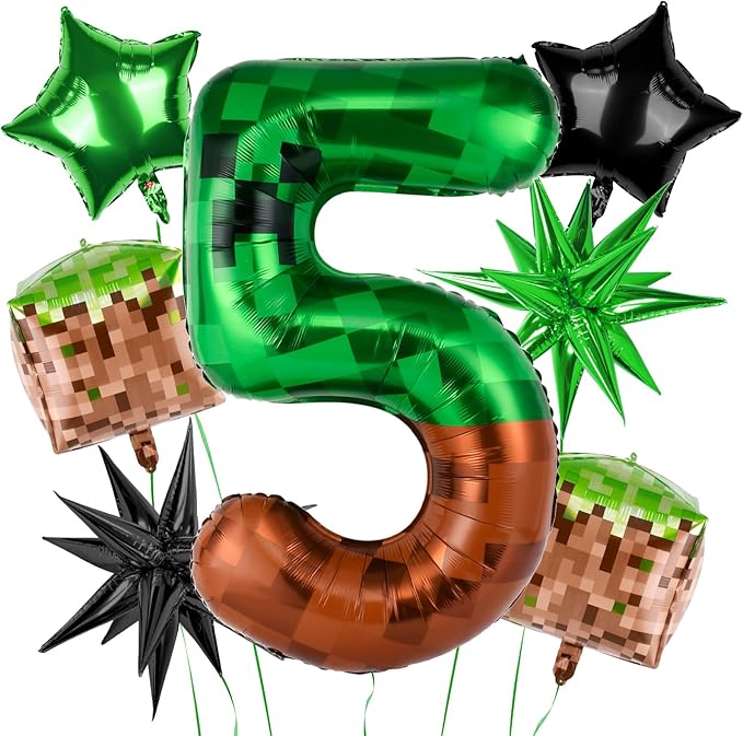40 Inch Green Pixel Miner Number 5 Balloon Set, 7Pcs MIning large Foil Balloon Video Game Themed Party Party Decorations for Kids' Anniversary Balloon Party Supplies Supplies