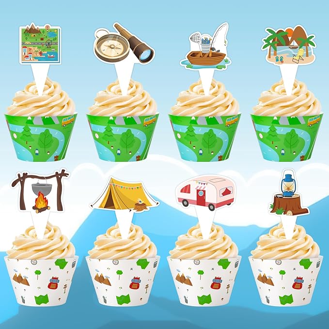 48 Pack Camping Cupcake Toppers and Wrappers, Woodland Adventure Party Cake Decoration for Camping Theme Birthday Party Baby Shower Supplies