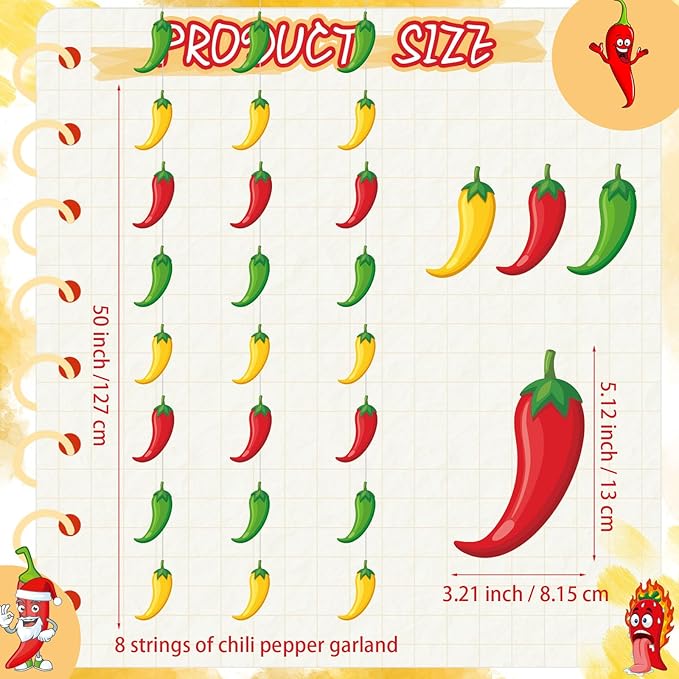 Frienda 8 Pcs Fiesta Cinco De Mayo Decorations Chili Pepper Garlands Fiesta Chili Cook Off Hanging Banners Contest Tasting Competition Decor Mexican Kitchen Cook Off Party Supplies(Colorful,Pepper)