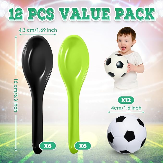 12 Pack Soccer Party Games Spoon Relay Race Toy Set for Teens Adults, Soccer Foam Ball and Spoon Race Game for Sports School Birthday Party Supplies Favors(Classic Colors)