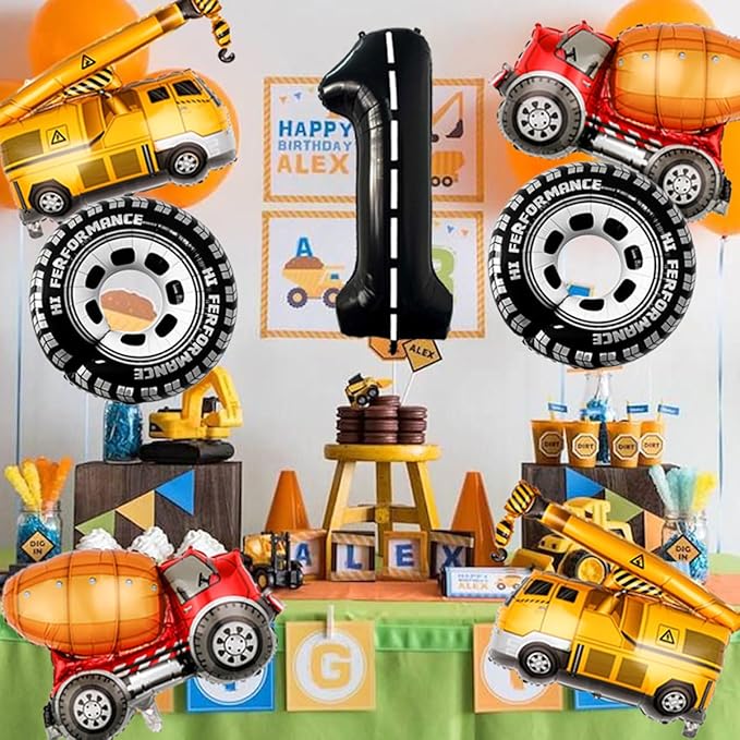 1st Birthday Decorations for Boys Construction Balloons 40inch Number 1 Balloons Truck Foil Balloon for Construction Birthday Party Decorations Supplies
