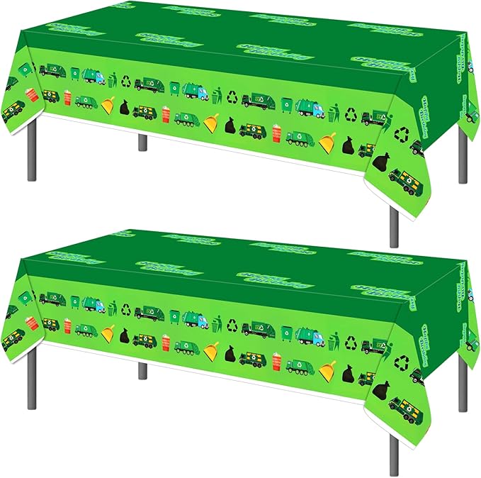 PHOGARY 2 Pack Garbage Truck Tablecloths for Garbage Truck Birthday Party Supplies, Trash Truck Party Table Cover Disposable Plastic Rectangle Table Cloth for Kids Birthday Baby Shower 51" X 86"