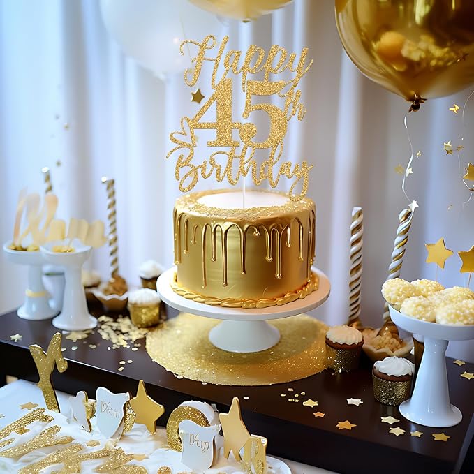 Happy 45th Birthday Cake Topper, 45th Birthday Decorations, Cheers to 45 Years, Hello 45, 45th Happy Birthday Party Supplies Gold Glitter
