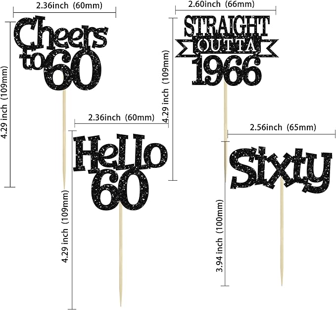 Ephlyn 24Pcs Happy 60th Birthday Cupcake Toppers Glitter Straight Outta 1966 Cupcake Picks Hello 60 Cheers to 60 Years Birthday Cake Decorations for 60th Birthday Anniversary Party Supplies Black