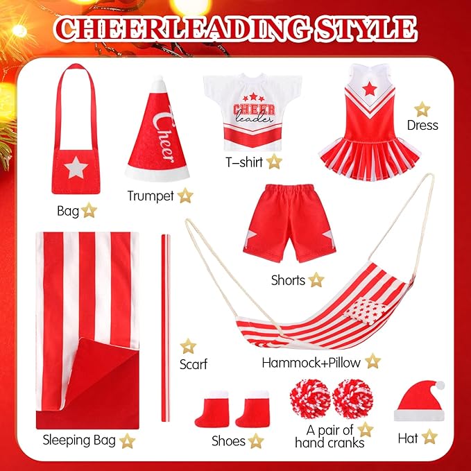 Kacctyen 11 Pcs Christmas Accessories Include Cheerleader Doll Sleeping Bag Hammock Apron Chef Hat Dress Scarf Top Shorts Horn Pompoms Bag Snowmen Clothes (Cheerleader Style)