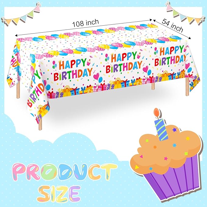 WNINK 3 Pack Happy Birthday Plastic Tablecloths, 54×108 Inch Disposable Waterproof Birthday Party Table Covers, Colorful Polka Dot Rectangle Tablecloths for Kids Boys Girls Birthday Decorations