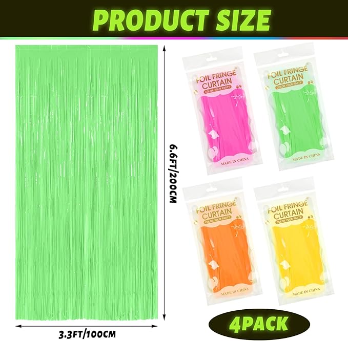 Weysat Glow in The Dark Party Supplies 4 Pack 3.3x6.6ft Neon Party Decoration Neon Tinsel Foil Fringe Curtain 2026 Vbs Photo Booth Backdrop Streamer for Birthday Decor(Green, Rose Red, Yellow, Orange)
