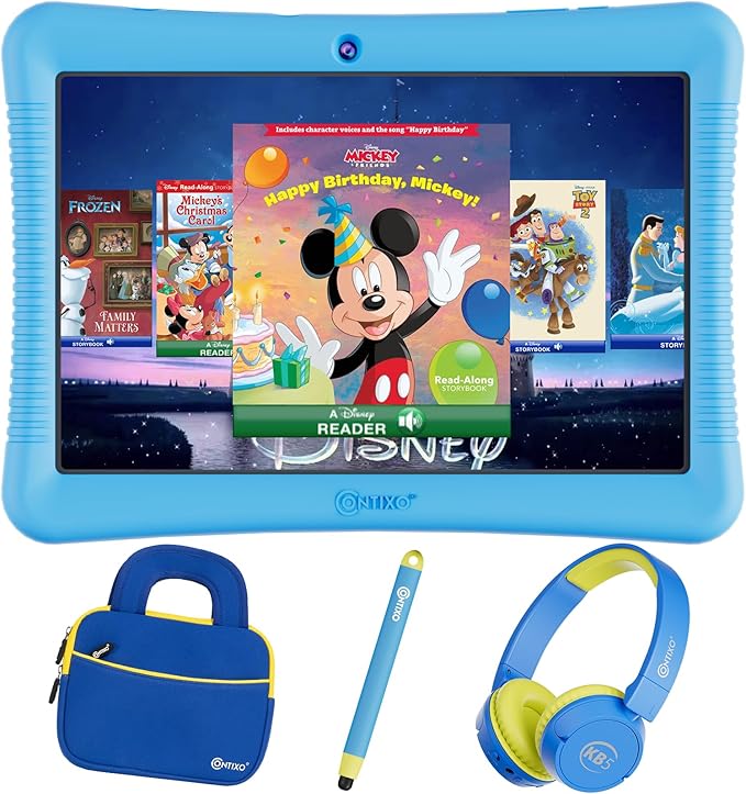 Contixo 10" Android Kids Tablet Bundle - 32GB, Epic! & Lingokids Educational Apps, Parental Controls, Kid-Proof Case w/Kickstand & Stylus, Headphones & Sleeve Bag - Blue