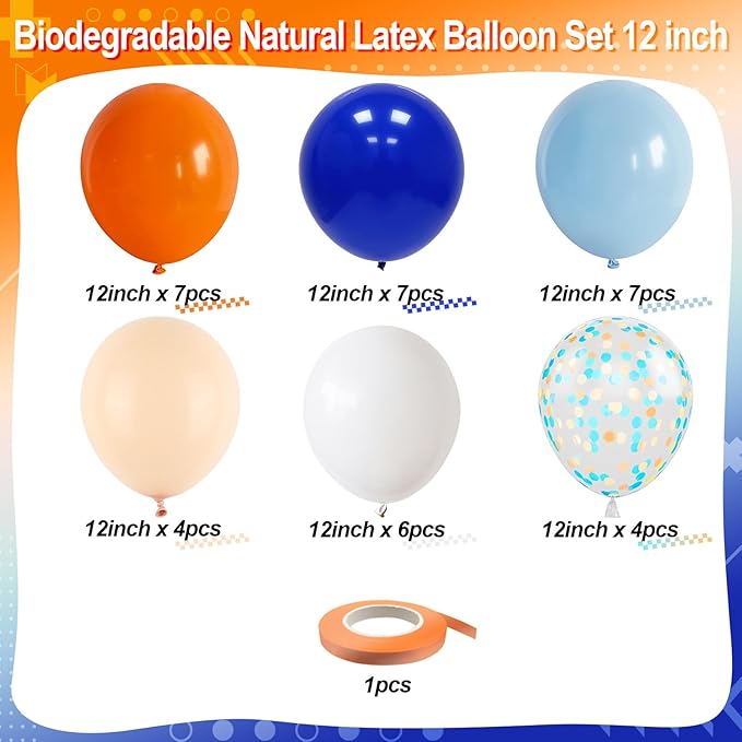 Blue and Orange Balloons, 12 Inch Light Royal Blue Pastel Orange Confetti Balloon, White Helium Balloons for Kids Boys Theme Party Baby Shower Happy Birthday Party Decoration Supplies