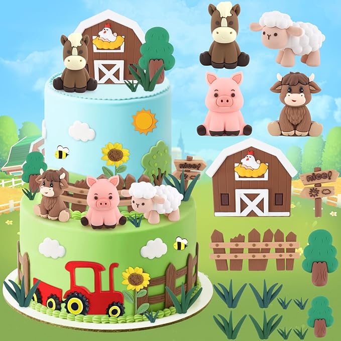 Hooqict 17Pcs Farm Cake Decorations Set with Mini Horse Cow Pig Sheep, Farm Animal Cake Toppers for Party Animal Birthday Cake Decorations Supplies Baby Showers
