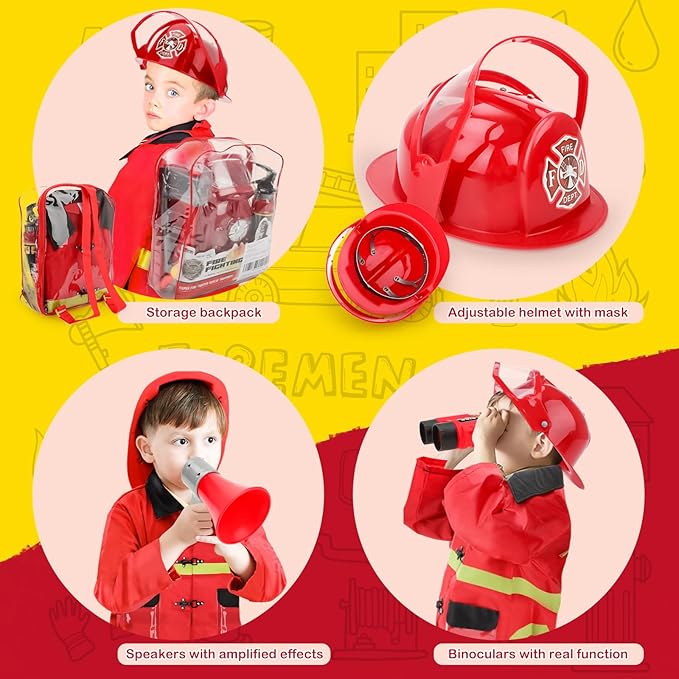 deAO Fireman Costume for Kids, 13 Pcs Fire Fighter with Toys Accessories Set with Washable Storage and Extinguisher, Kids Fireman Dress Up Clothes Pretend Play Toy Birthday Gifts for Boys Girls