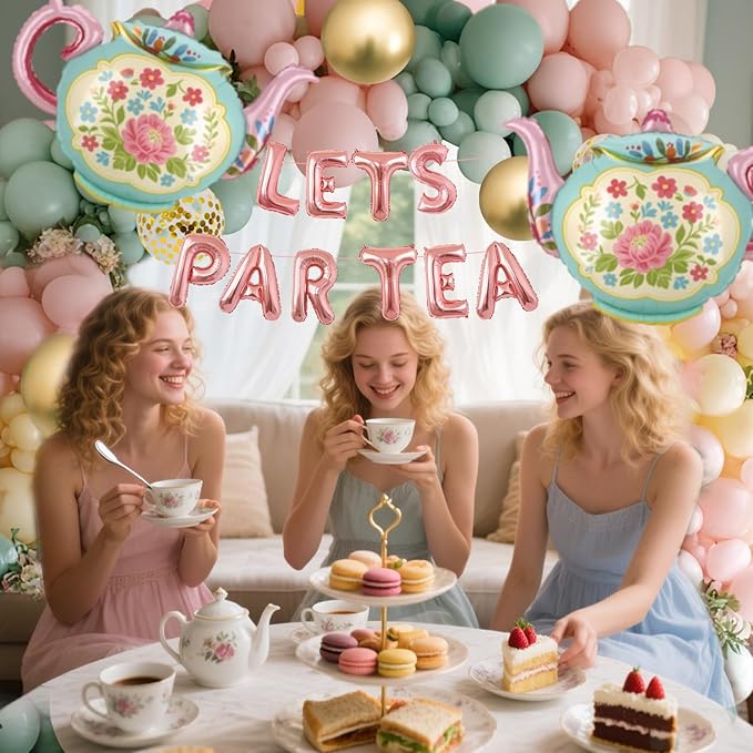 LET'S PAR TEA Banner Balloons, 35" Huge Teapot Aluminum Foil Balloons for Birthday, Baby Shower, Wedding, Bridal, Engagement, Bachelorette, Princess, Garden Party Decorations Supplies