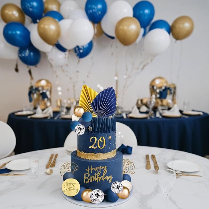 42Pcs Blue White Gold Balls Cake Topper Decorations with Disco Balls Palm Ginkgo Leaves Acrylic Numbers 0-9 and Happy Birthday Cake Decor for Boho Wedding Baby Shower Birthday Party Supplies