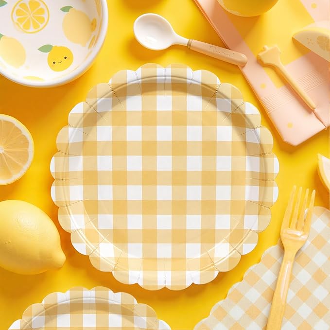 96Pcs Yellow Gingham Plates and Napkins Forks Lace Plaid Paper Plates for 24 Guest Picnic Wedding Baby Shower Tea Kids Birthday Party Supplies Decrations