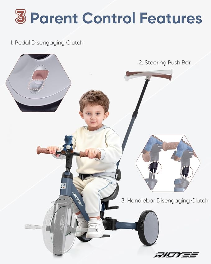 5-in-1 Toddler Tricycle for Ages 1.5–3, Parent Steering Push Trike, Tool-Free Convertible to Balance Bike, Safety Belt, Removable Backrest and Footrest, Ride-On Toy for Boys & Girls, Grey