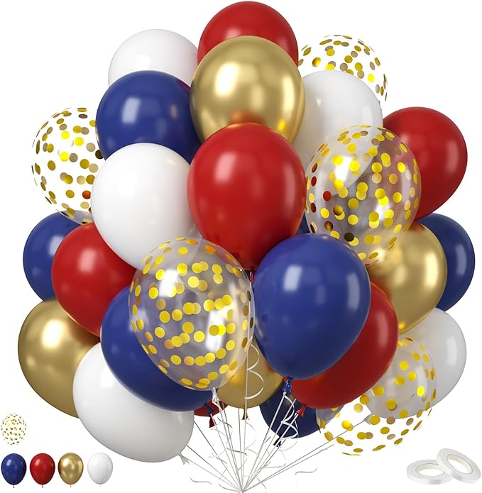 Red White Blue Balloon, 50PCS 12 Inches Navy Blue Dark Ruby Red Latex Balloons Metallic Gold Confetti for Baby Shower Birthday Patriot Graduation Veterans Day Party Decoration