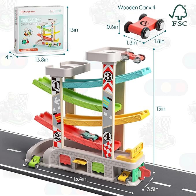 TOP BRIGHT Car Ramp Toys, Race Track Car Toy for Toddler Age 2-4 Year Old Boy with 4 Cars, Parking Lot & Gas Station, Toddler Montessori Toys and Birthday for Boys and Girls