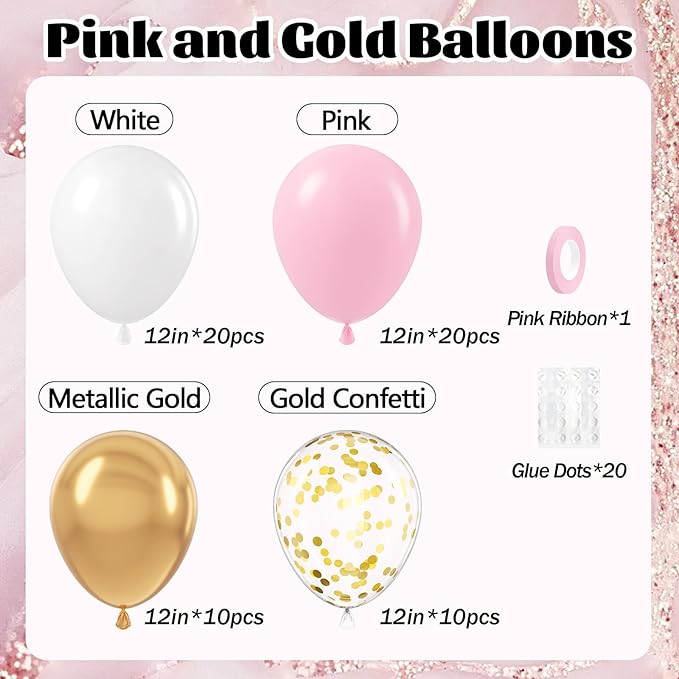 60pcs Pink and Gold Balloons 12inch, Pink and White Balloon with Metallic Gold Confetti Balloons for Baby Shower Wedding Birthday Party Decorations