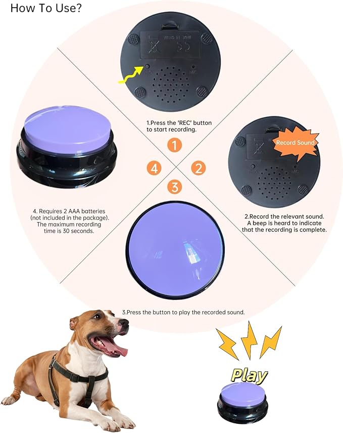 Dog Talk Buttons Voice Recording Button for Communication and Pet Training 30-Second Record & Playback Talking Button for Study, Office, Family, and Kids (Purple, one)