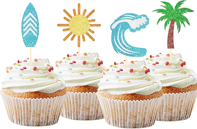 24 Pack Surfing Cupcake Toppers Glitter Summer Theme Surfboard Beach Cake Decorations Picks for Summer Beach Party Birthday Party Supplies (Surfing)