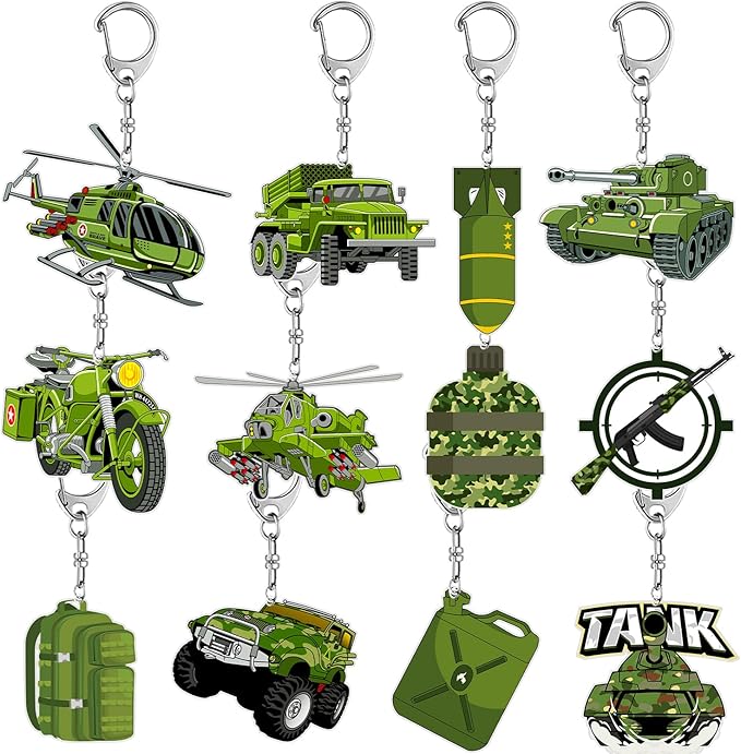 12 PCS Army Party Favors Military Camo Acrylic Keychains for Army Birthday Party Decorations Supplies Gifts for Kids Classroom Prizes