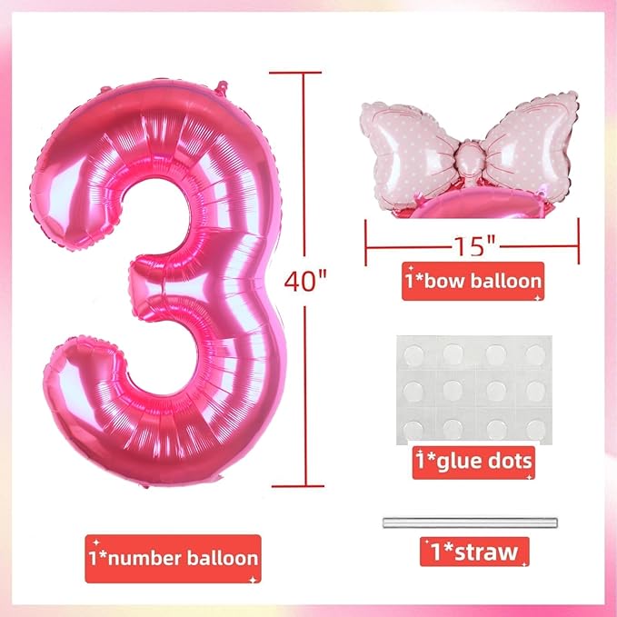 40 Inch Pink Number 3 Balloon with Mini Bow Balloon for Girls 3rd Birthday Decorations, Pink Girl Mouse Princess Western Cowgirl Theme Birthday Party Balloons Decorations Supplies