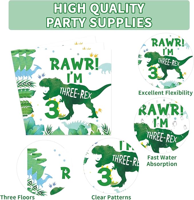 Grencian 96 PCS Dinosaur 3rd Birthday Party Supplies 350 GSM 3 Rex Dinosaur Plates and Napkins Tableware Set for Three Rex Birthday Decorations Boy Dino 3 Year Old birthday Party Decorations Serves 24