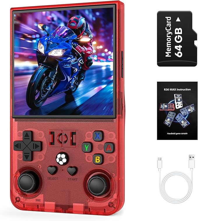 R36MAX Retro Handheld Game Console, 4.0 inch Retro Gaming Console with 64GB Memory, Portable Retro Video Games Console, 4000mAh Battery, Support 30+ Emulators, Transparent Red