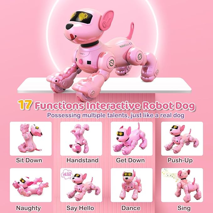VATOS New Kids Remote Control Robot Dog, 17 Fun Interactive Functions Intelligent Programmable Kids Robotic Puppy with 2 Batteries, Singing Dancing Walking Robot Dog Toy for Girls 3-8 Years Old, Pink