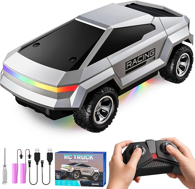 WayEee 1/24 Remote Control Car Cyber RC Truck, RC Cars for Kids with Colorful Lights, 2.4GHz Remote Control, 2 Rechargeable Batteries, 18KM/H Racing Car Toy, for Boys 3 4 5 6 7 8-12
