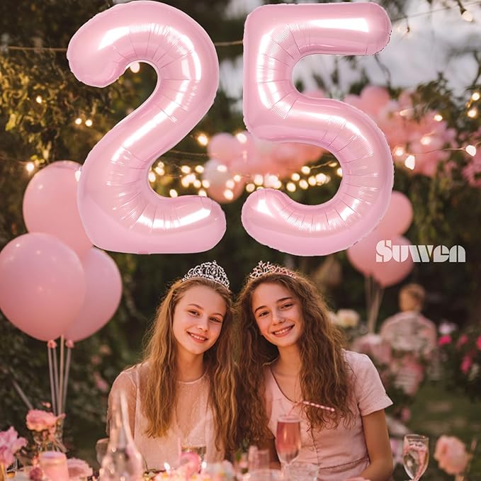 SUWEN 40 Inch Large Pink 25 Balloon Numbers Big Foil Helium Number Balloons 0-9 Jumbo Happy 25th Mylar Birthday Party Decorations for Women 52 Anniversary Party Supplies