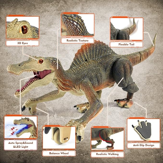 Mini Tudou Remote Control Dinosaur Toys,RC Walking Robot Dinosaur Toy with Light Chasing Remote Control,Auto Spraying and Roaring,Jurassic Spinosaurus Dino Toys for Kids Boy 4 5 7 8-12 Year Old