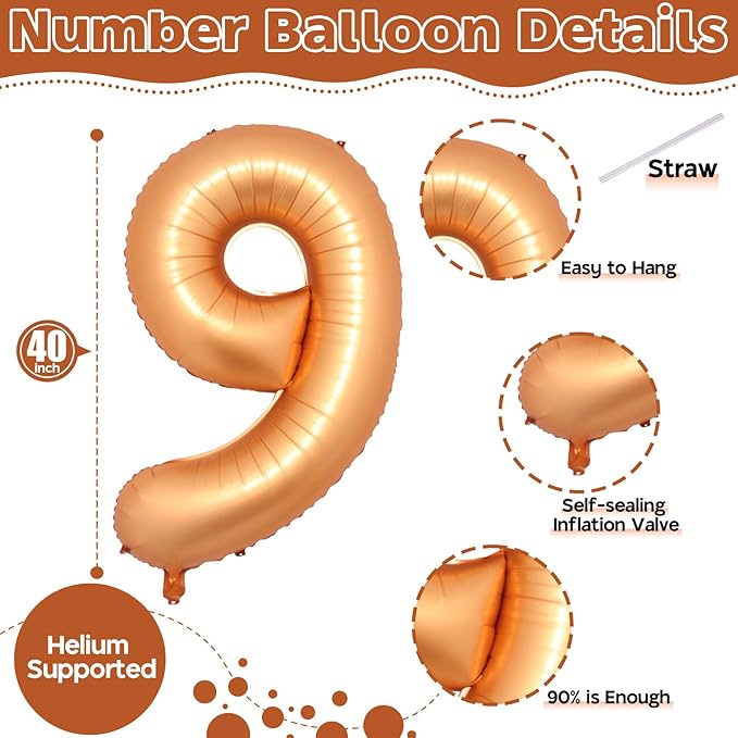 40 Inch Number 9 Balloons for Boys, Orange Big 9th Birthday Number Balloons Decor, Helium Self Inflating Foil 9 Balloons for Girls Birthday Anniversary Celebration Wedding Party Decorations Supplies