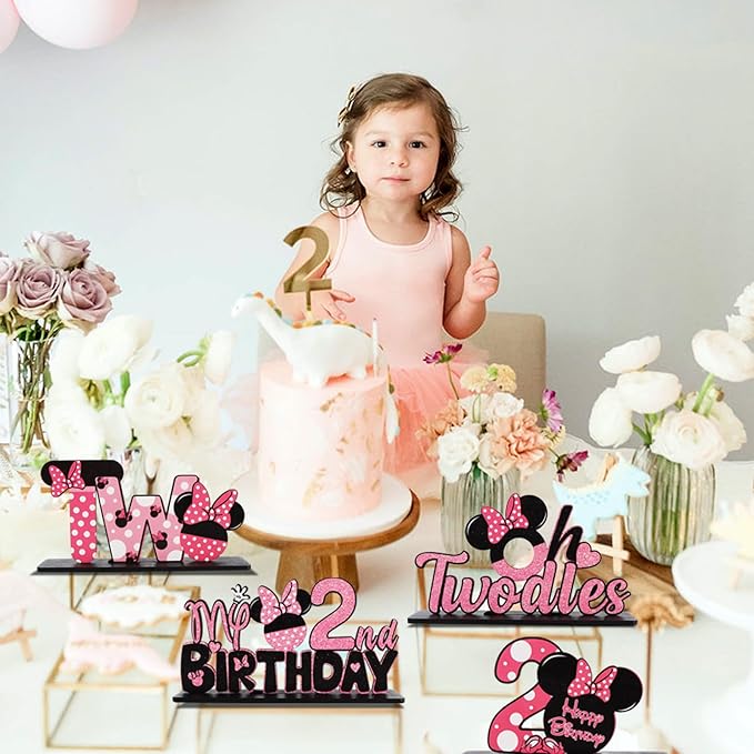 TONIFUL Pink Mouse 2nd Birthday Party Supplies 2nd Table Centerpieces Pink Mouse Theme Design Sturdy Wooden for Girl TWO Years Old Birthday Favors 2nd Birthday Party Decorations(4 Pcs)