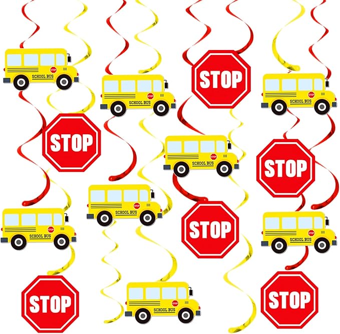 School Bus Hanging Swirls Wheels On The Bus Birthday Decorations 20Pcs Back to School Ceiling Swirls School Bus Party Hanging Streamers for School Classroom Theme Party Supplies