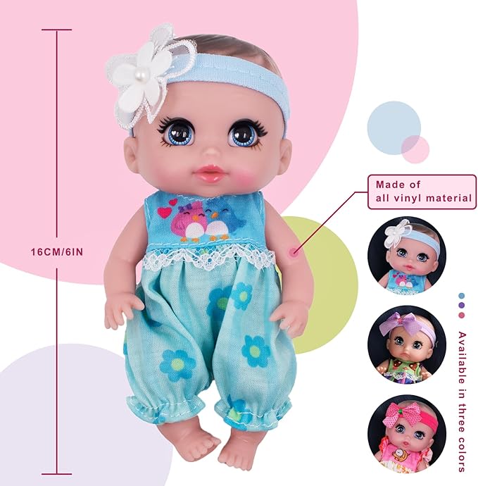 6" Cute Small Baby Doll Newborn Baby All Vinyl Reborn Baby Dolls for Girls Swivel Mini Dolls 16 cm Crying Baby DIY Toys for Ages 3+(Blue)