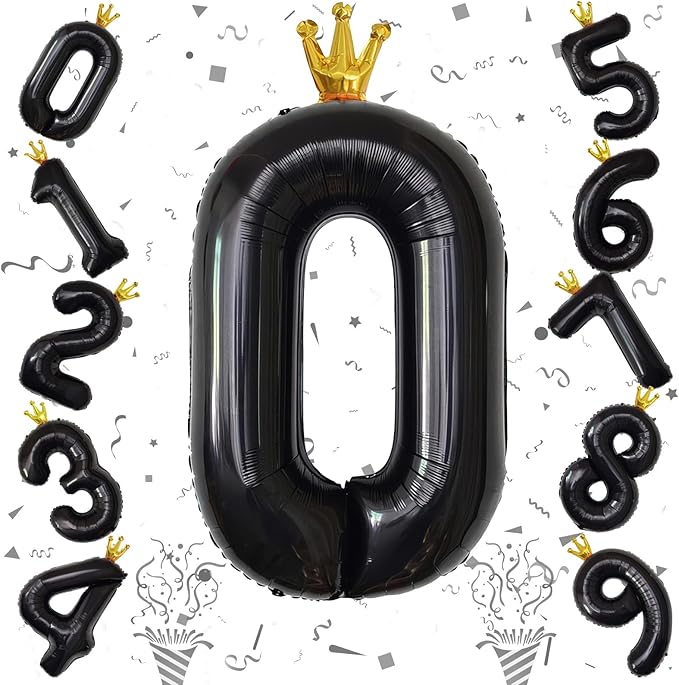 Crown Black Number 0 Balloons for Girls, 40 Inch Foil Large, Crown 0-9 Set Number Balloon for Boys Birthday Party Baby Shower Anniversary Graduation New Year Party Decoration Supplies