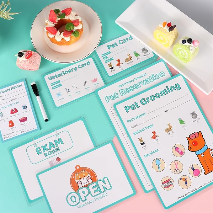 8 PCS Pretend Play Vet Kit Animal Care Pretend Play Veterinarian Supplies Pretend Vet Notepad Kids Double-Sided Imagination Playtime Pads Doctor 30 Pages with Pen for Toddler