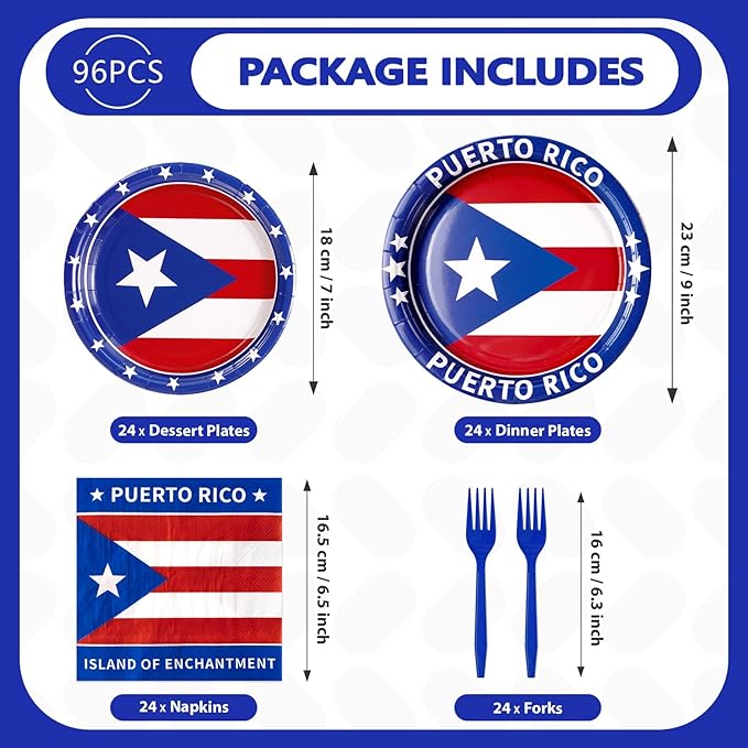 96Pcs Puerto Rico Flag Party Supplies Puerto Rico Flag Plates Disposable Red White Blue Paper Tableware Set for Rican Fiesta Birthday Party National Day Cultural Celebrations, Serves 24