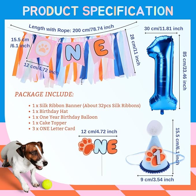 Blue Dog Highchair Banner for First Birthday Party Decorations Orange Navy Blue Dog Paw High Chair Tassel Garland for Boys Baby Shower 1st Birthday Backdrop Decors Puppy One Birthday Photo Props