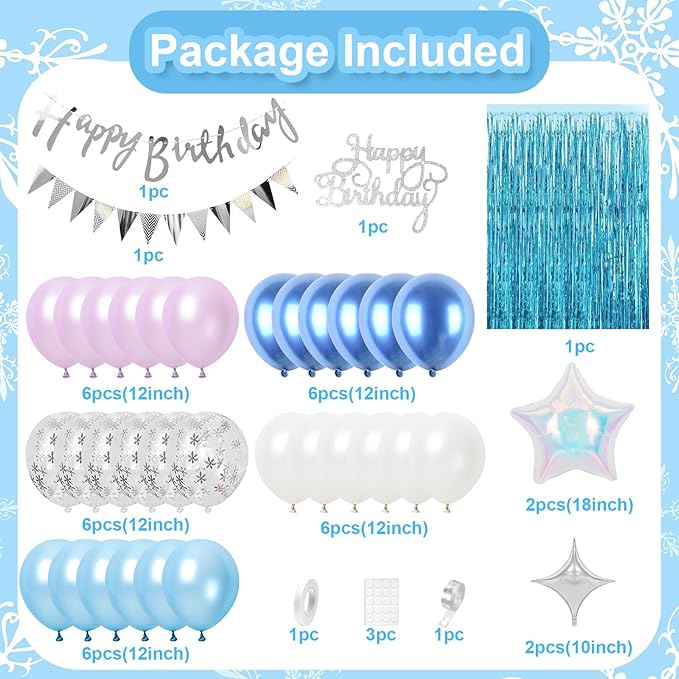 Snow Birthday Decorations for Girl, Blue Purple White Balloons with Happy Birthday Banner Fringe Curtain Iridescent and Silver Star Foil Balloons for Baby Shower Girls Theme Party Supplies