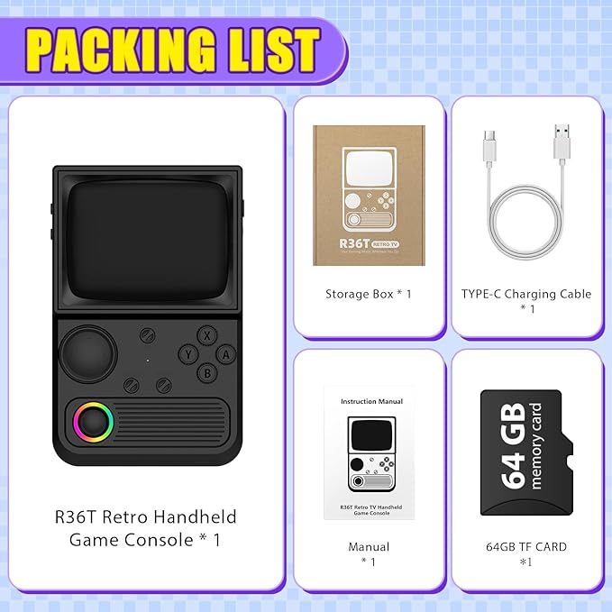 R36T Retro Gaming Console, 3.5'' IPS Screen CRT-Inspired, Handheld Game Console with 18000+ Classic Games Supports WiFi Networked Fighting and OTG, 3500mAh Battery, with Portable Case(Black 64GB)
