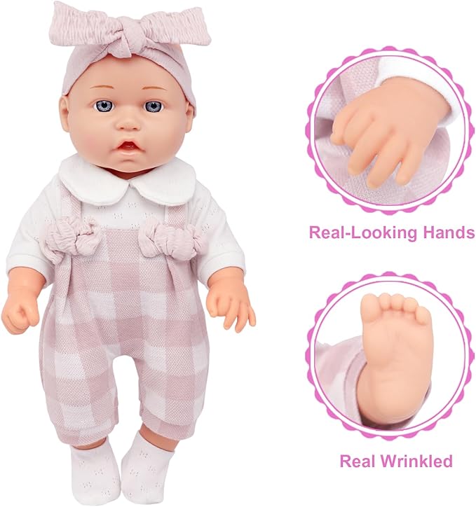 Ecore Fun 12" Baby Doll and Clothes Accessories Playset - 6 Pcs 12 Inch Doll with Pink Romper Outfit, Headband, Socks, Pacifier, Bottle | Gift Ready in Box
