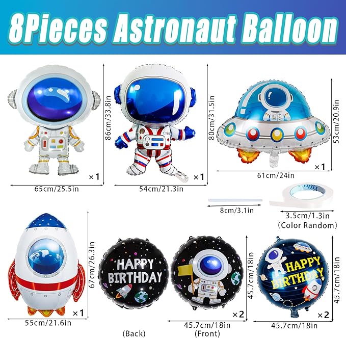 8 Pcs Space Balloons 33 Inch Astronaut Mylar Airship Planet Rocket Galaxy Foil Balloons for Outer Space Galaxy Themed Birthday Party Decorations