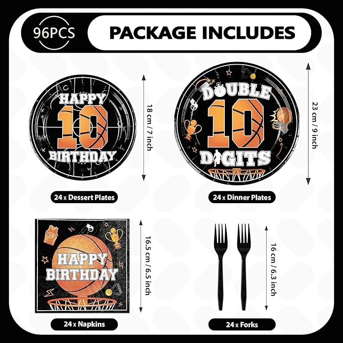 96pcs 10th Birthday Party Supplies Basketball Plates and Napkins Disposable Basketball Sports Theme Tableware Set for Boys Kids 10 Years Old Happy Birthday Party Decorations, Serves 24